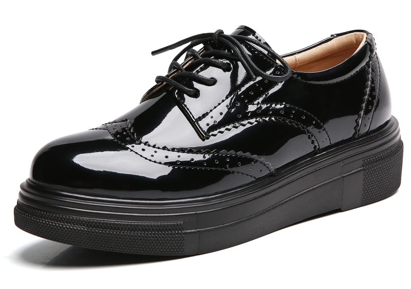 DADAWEN Women's Platform Lace-Up Comfort Wingtips Square Toe Oxford Shoes Brogues Black US Size 8 - Image 1